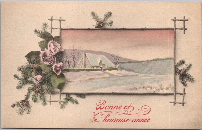1919 Belgian HAPPY NEW YEAR Postcard House Scene \