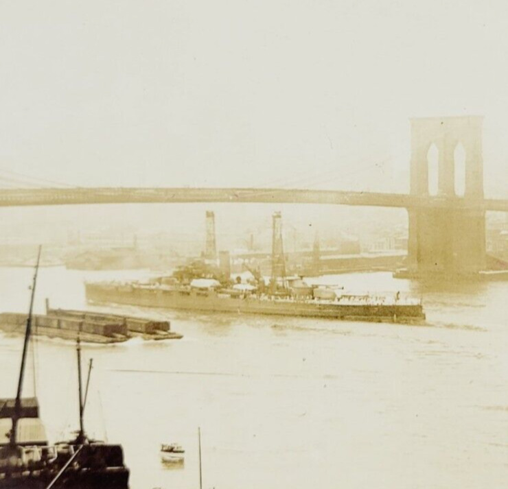 1916 Postcard USS Oklahoma BB-37 Brooklyn Bridge NYC - Destroyed at Pearl Harbor
