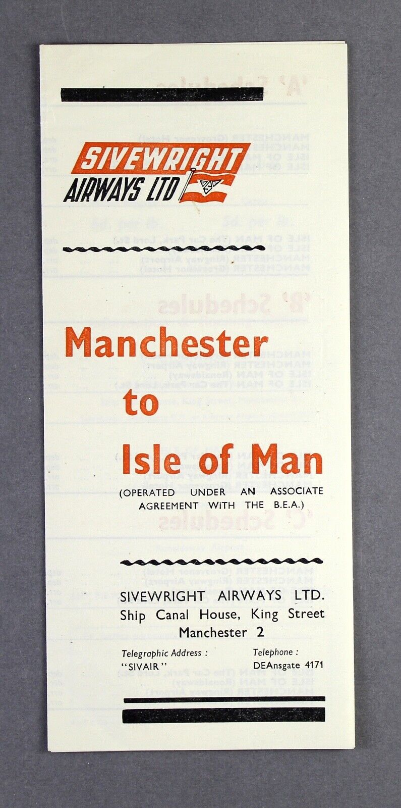 SIVEWRIGHT AIRWAYS AIRLINE TIMETABLE 1949 - MANCHESTER - ISLE OF MAN  