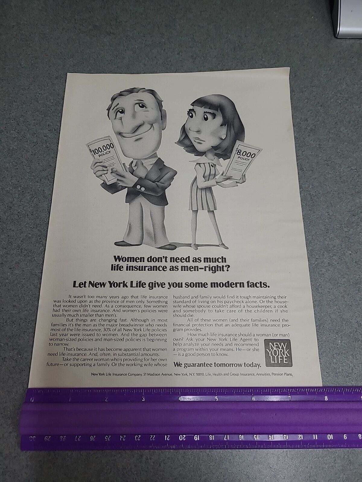PRINT AD 1974 New York Life Insurance Modern Facts - Women Don’t Need As Much?