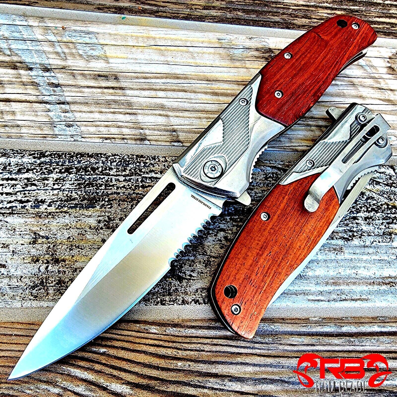 9” Tactical Spring Assisted Camping Wood Handle OPEN Folding Blade POCKET Knife