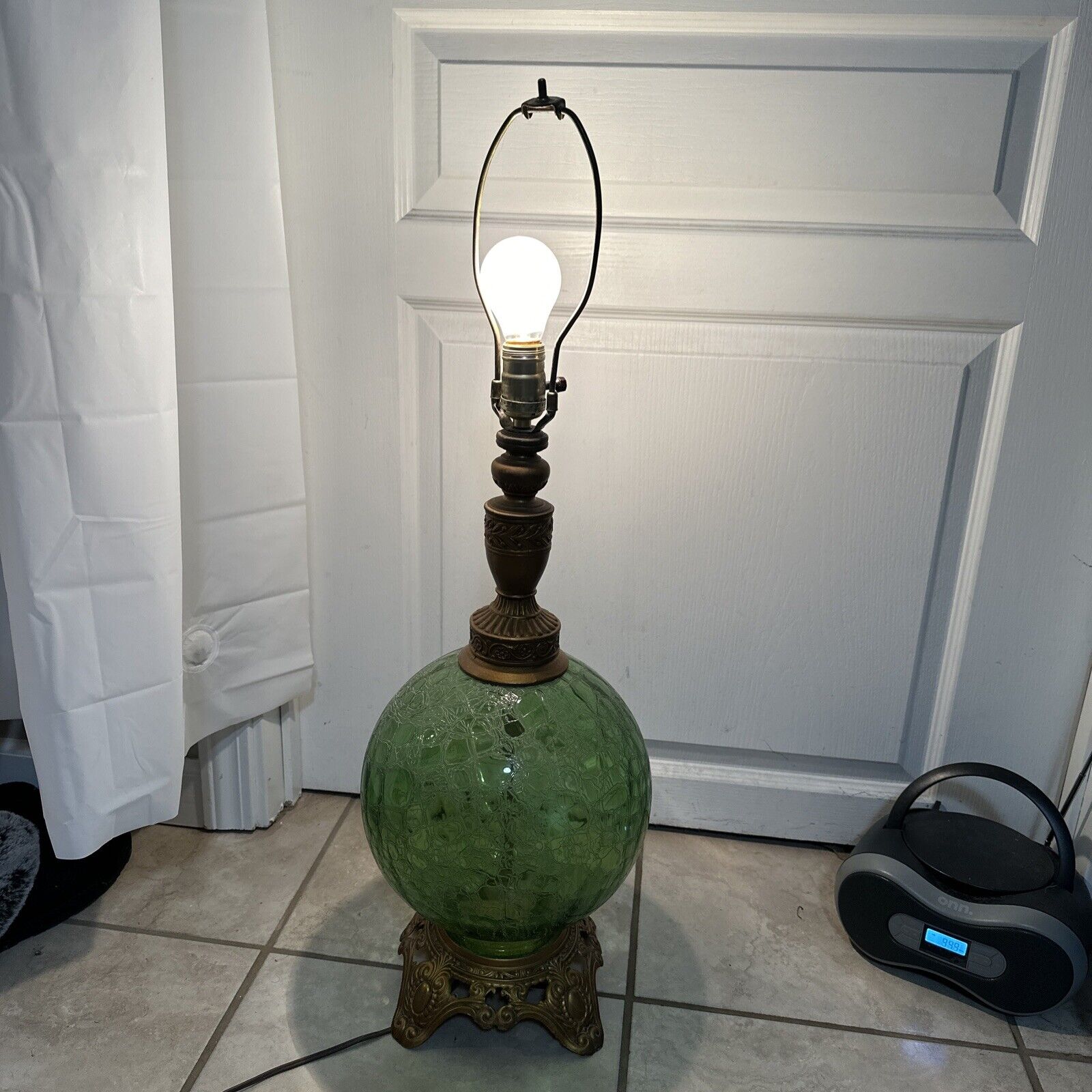 Mid Century Modern Hollywood Regency Empoli Green Glass Globe Table Lamp Vtg