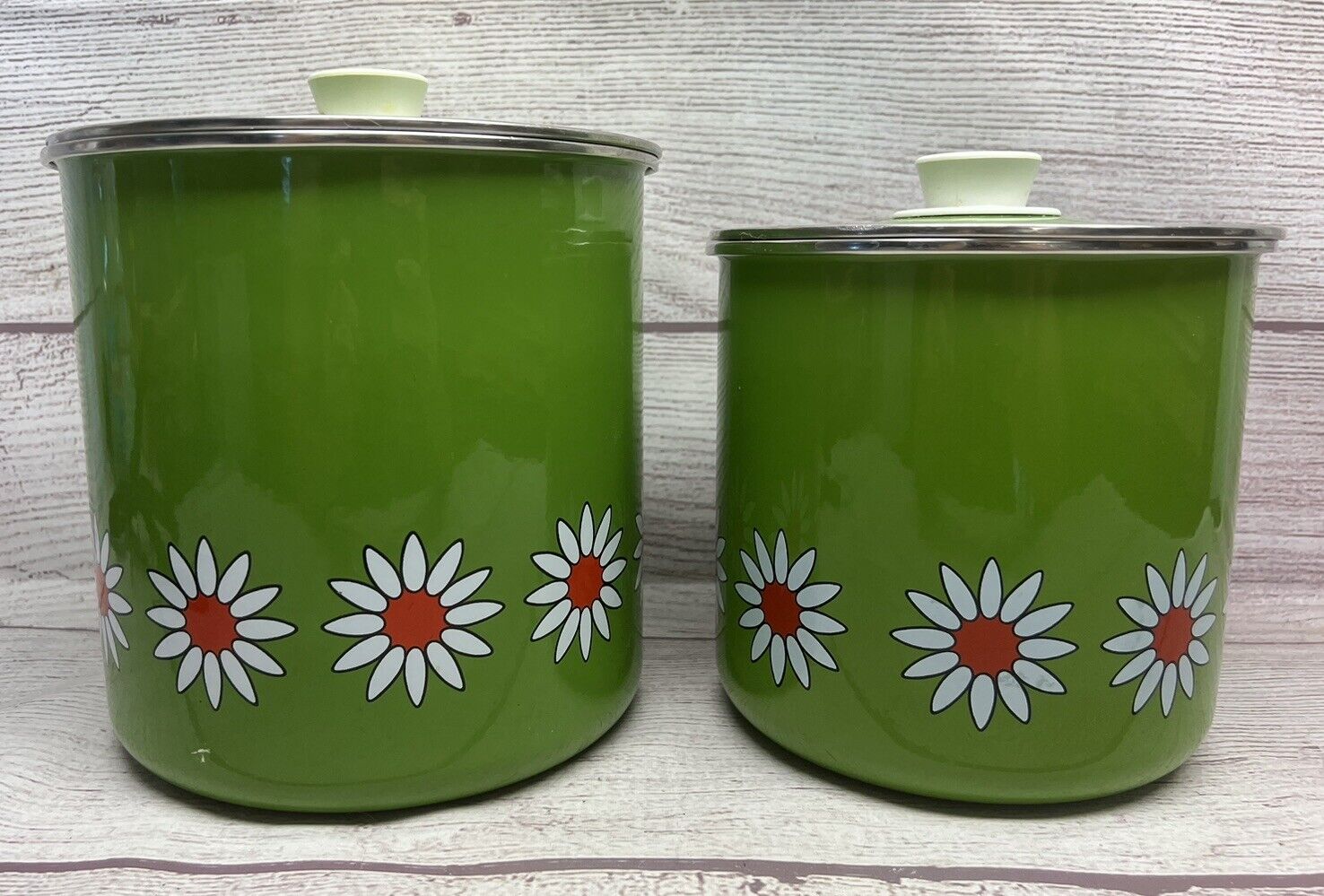 Vintage Kromex Green Daisy Aluminum Canisters Lot Of 2 1970s Flower Power Retro