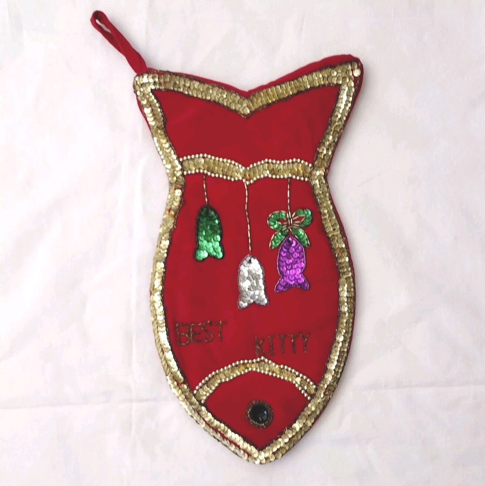 Vintage Cat Christmas Stocking Fish Shaped Sequined Beaded Best Kitty Rare