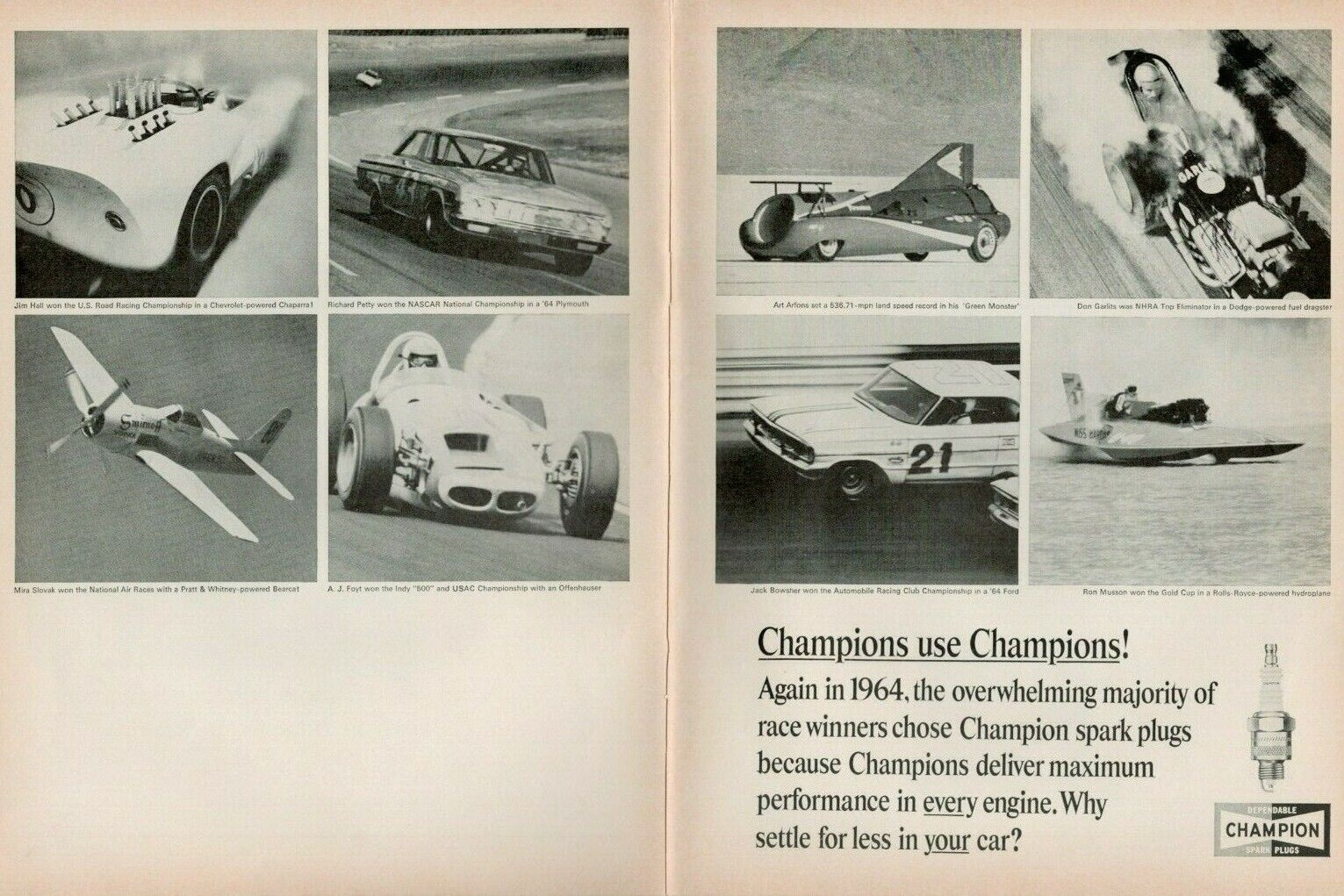 1964 Champion Spark Plugs Car Boat & Plane Racers - 2-Page Vintage Ad