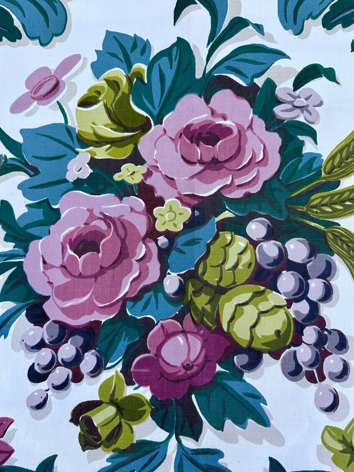 1940s Sonoma Roses & Grapes Salesman Sample Novelty Barkcloth Era Vintage Fabric