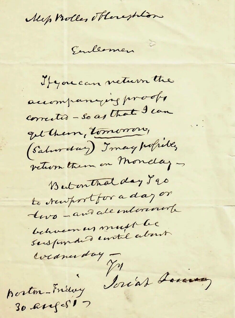 “Mayor of Boston” Josiah Quincy IV Hand Written Letter COA