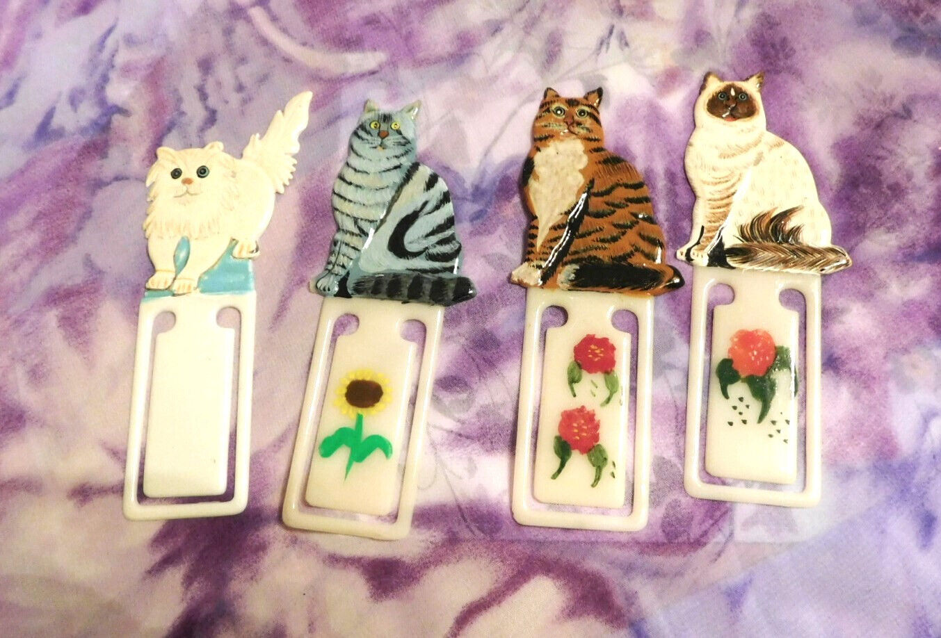VINTAGE Hand Painted Cat Bookmarkers Set of 4 Different Cats NOS