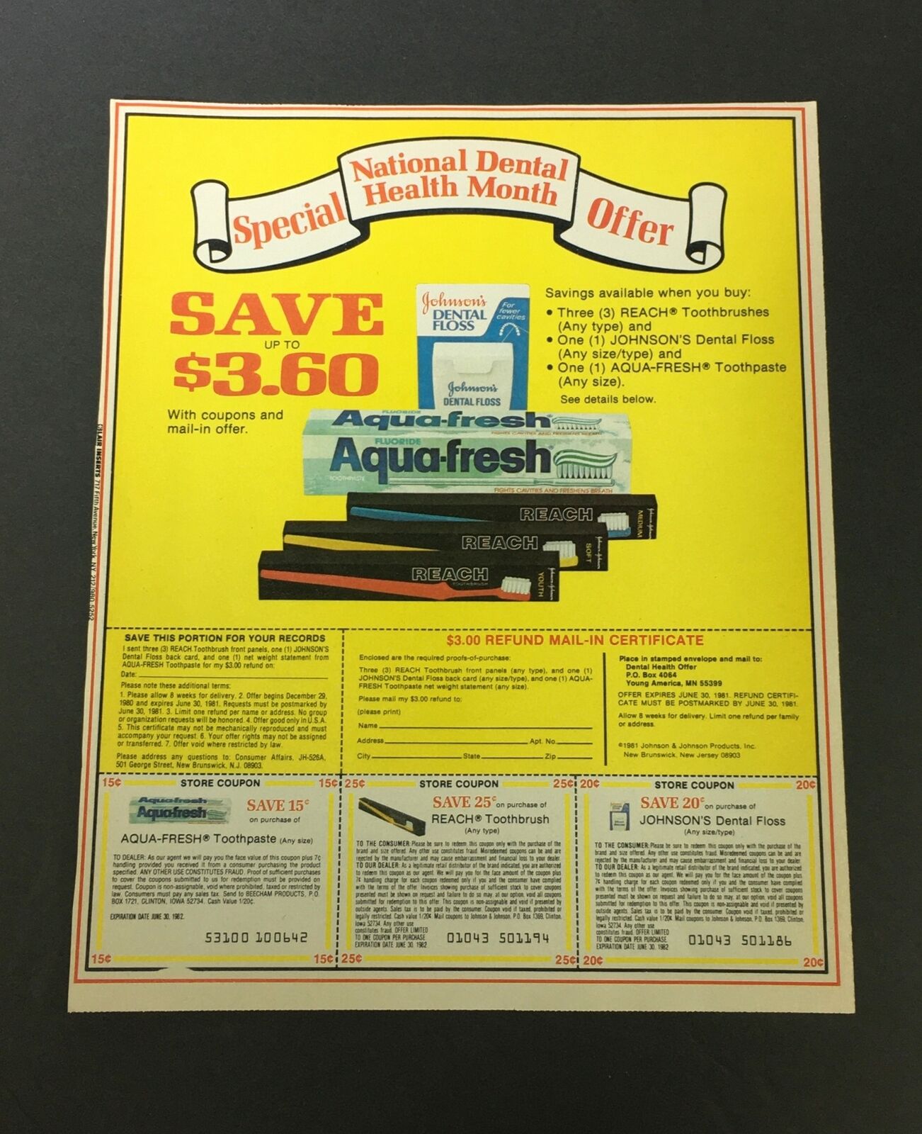 VTG 1982 National Dental Health Month Johnson\'s Dental Floss Print Ad Coupon