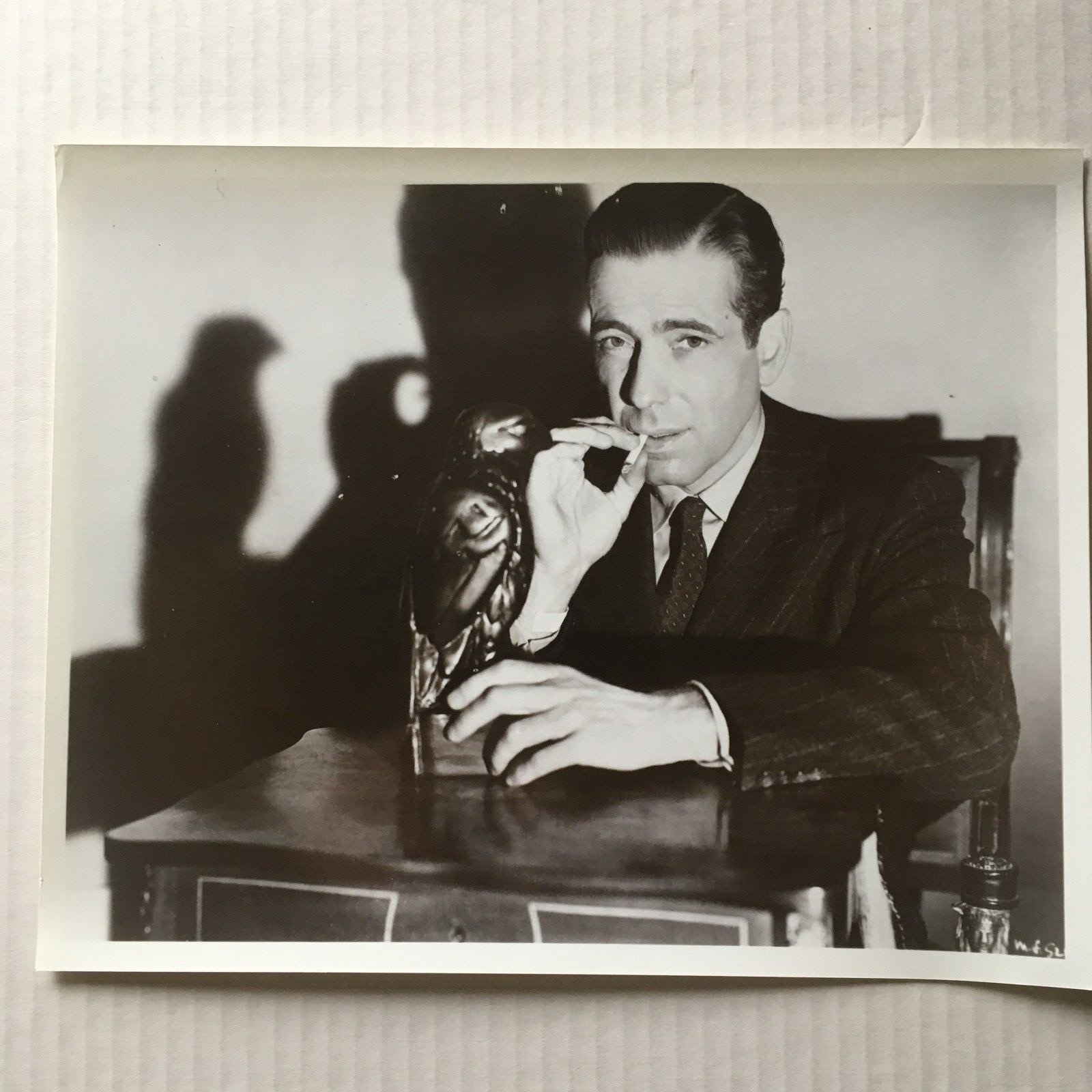 Maltese Falcon Humphrey Bogart Photo 8 x 10 Smoking Cigarette Holding Falcon