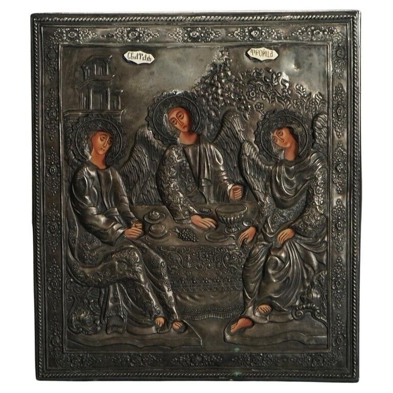 Antique Russian Holy Trinity Icon with Hallmarks C1920