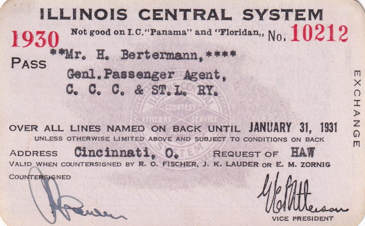 1930  IC Illinois Central Railroad employee pass- Big 4 Railroad, CCC&StL