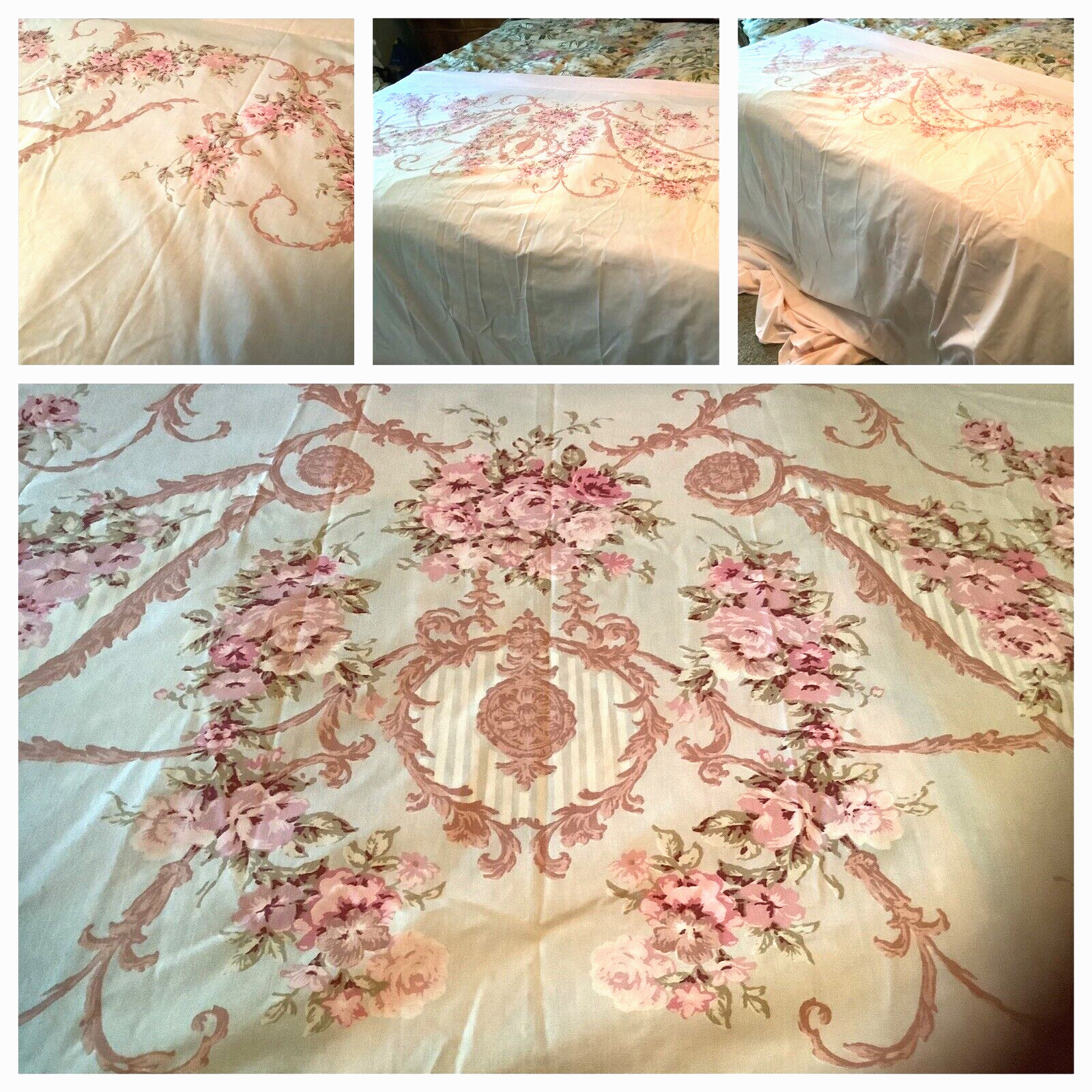 VTG 70'S PINK W/ VICTORIAN FLORAL BORDER PERCALE FLAT SHEET SZ KING