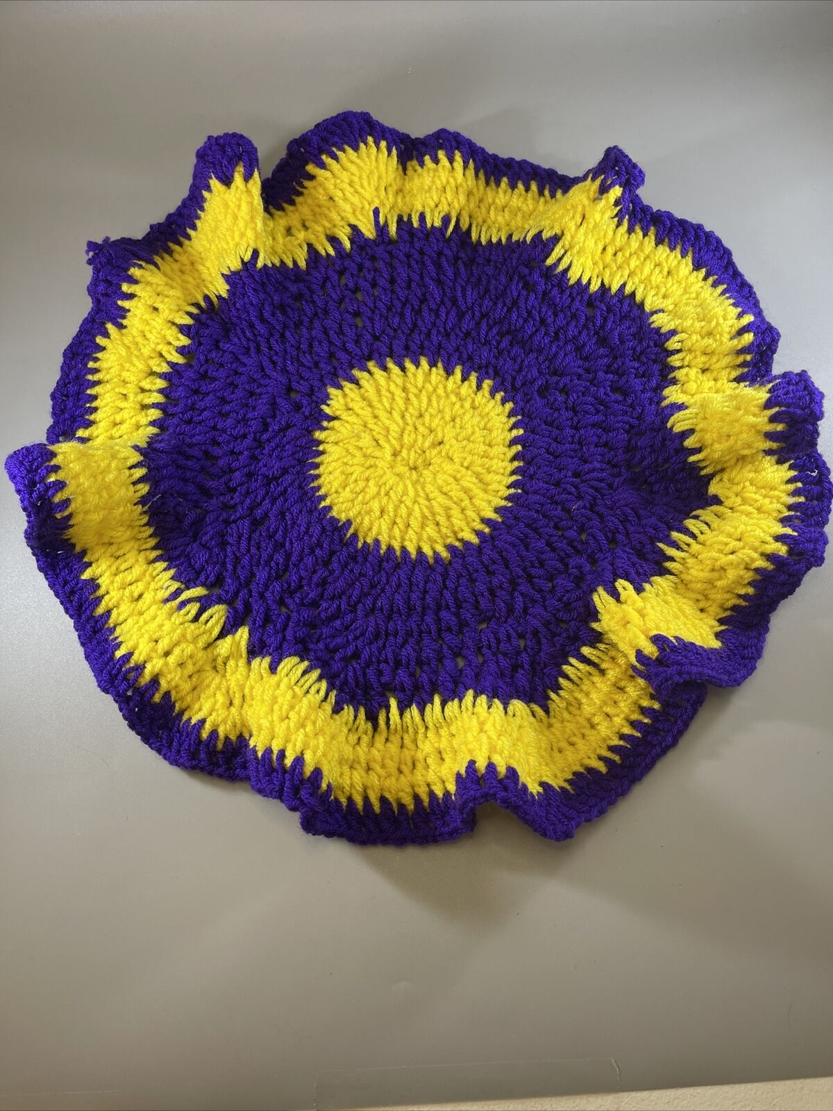 Vintage Hand Crocheted 17” Purple & Yellow Ruffled Edge Centerpiece Doily