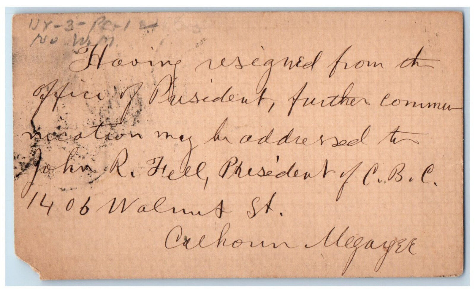 c1870's Philadelphia Pennsylvania PA President Resign Antique Postal Card