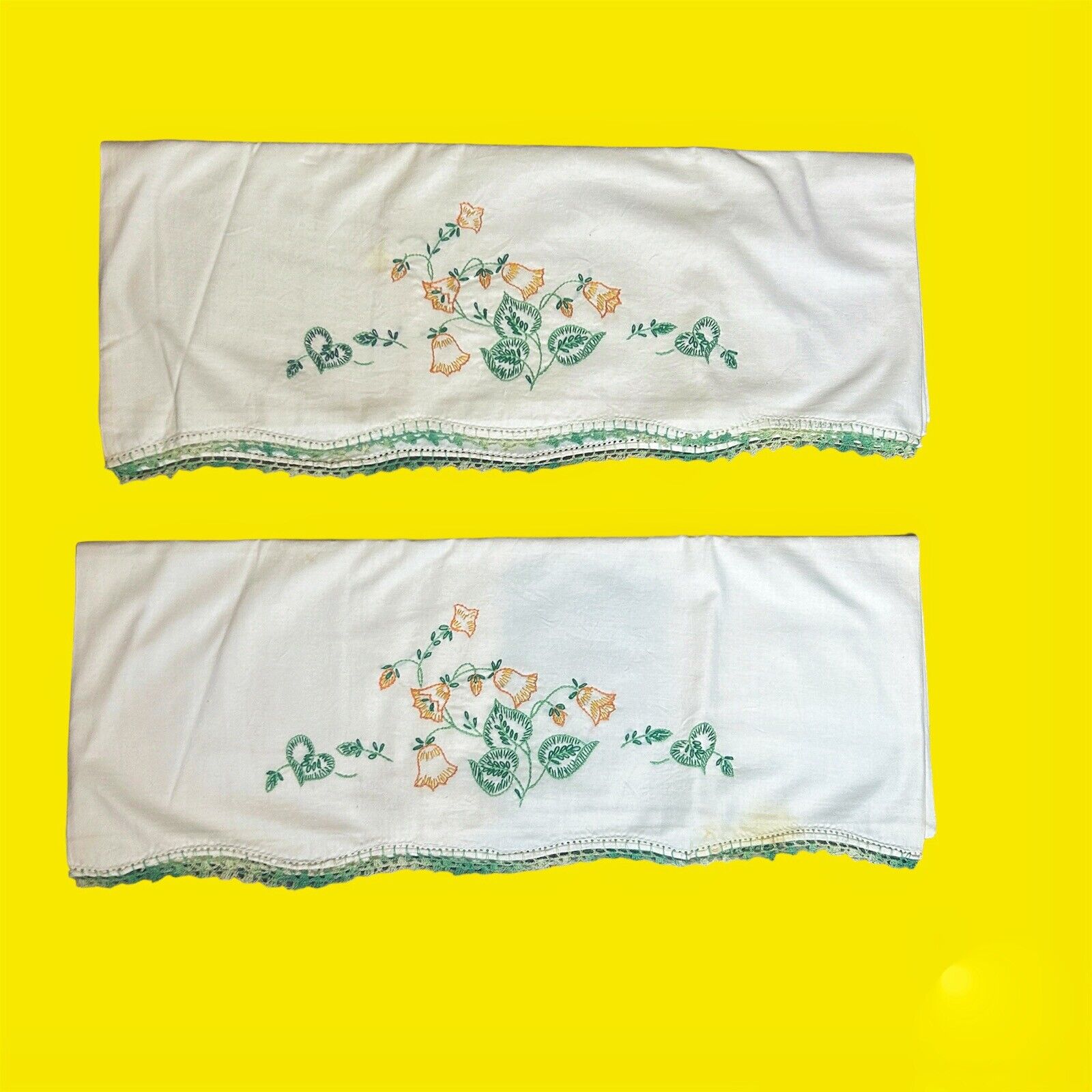 Vintage Yellow Daffodils Embroidered Pillowcases Set of 2 Green Lace Trim
