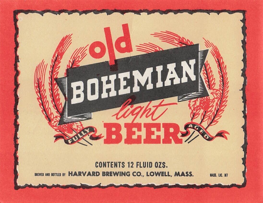 Old Bohemian Light Beer Vintage Label Harvard Brewing Company Lowell, Mass.