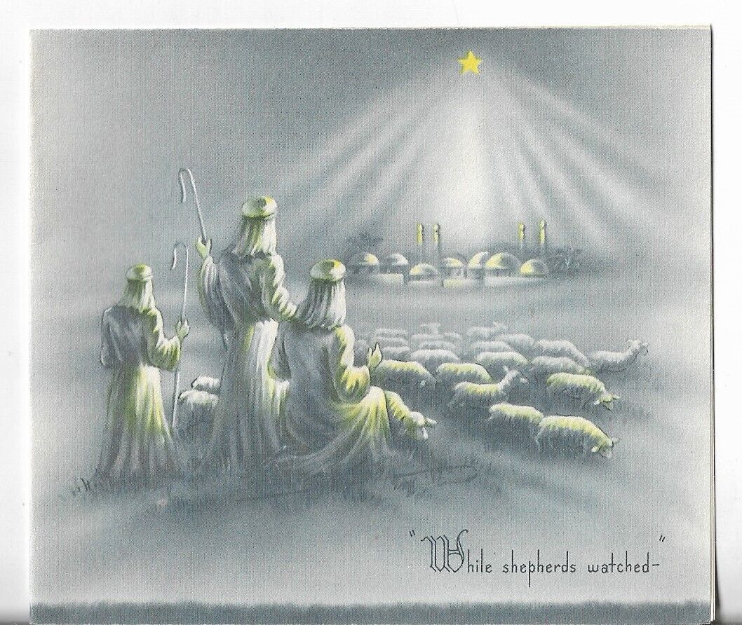 Used Vtg Christmas CARD-apx 5x4.25 Three Shepherds and Their Flock of Lambs