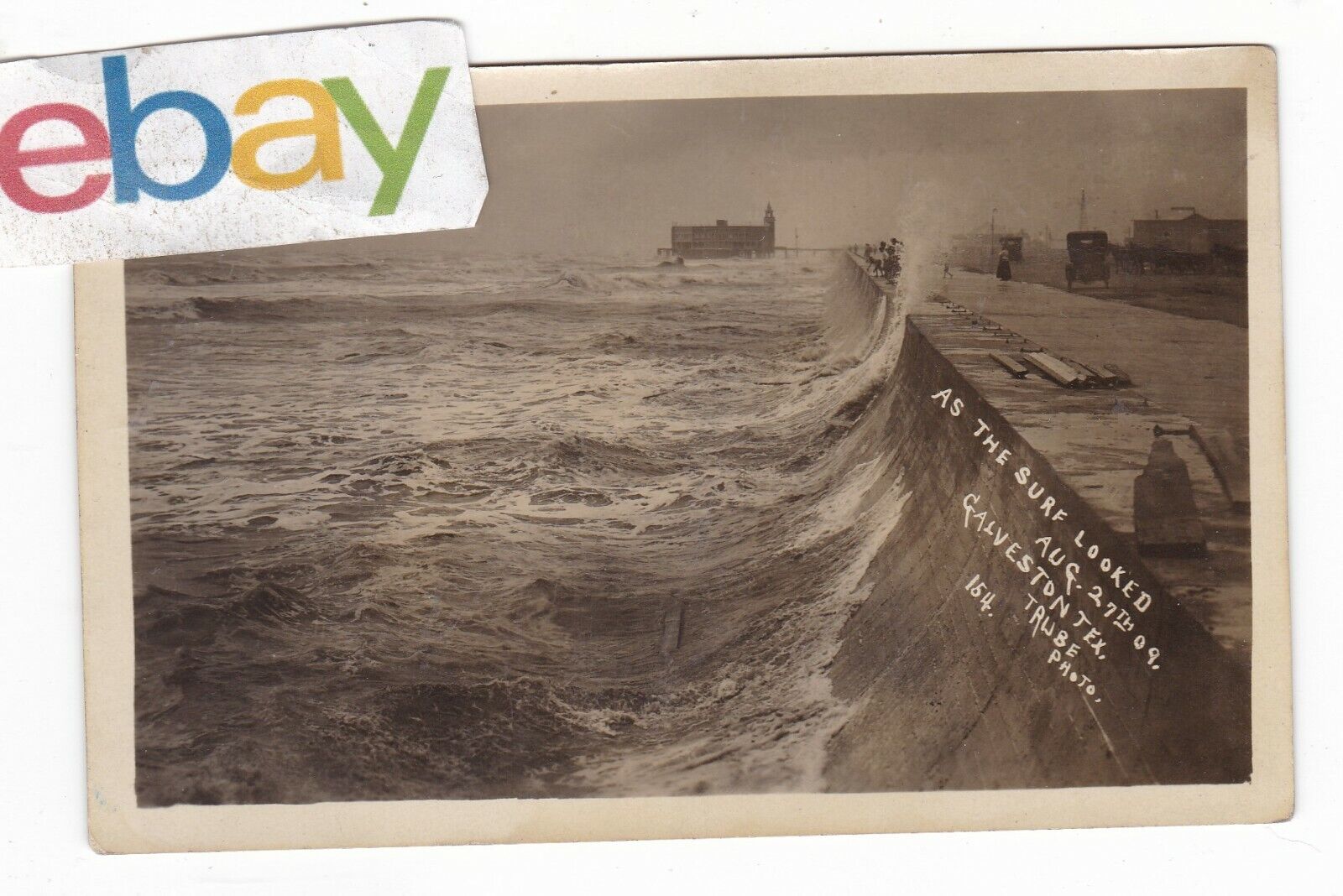 1909 TRUBE RPPC GALVESTON TEXAS SEA WALL WAVES BOARDWALD CAR VINTAGE POSTCARD TX