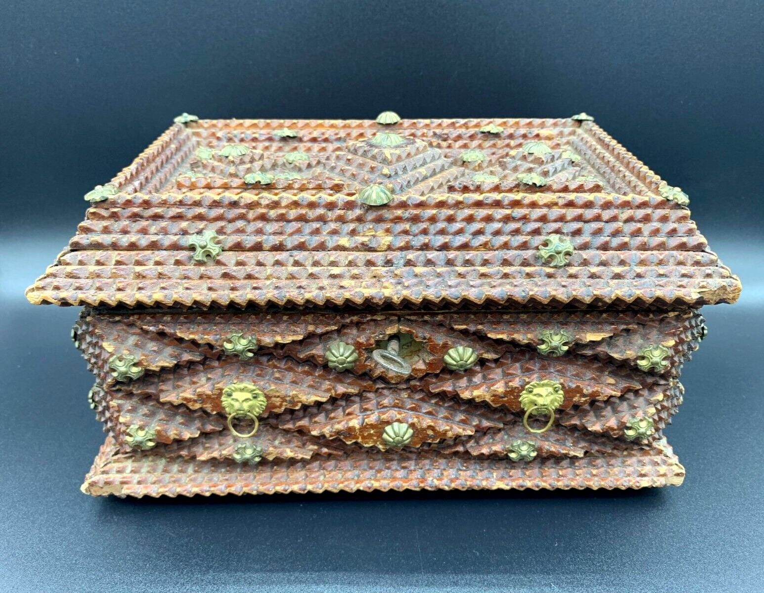 Antique Tramp Folk Art Box W/ Key Primitive Sawtooth Chip Trinket Chest c.1880's