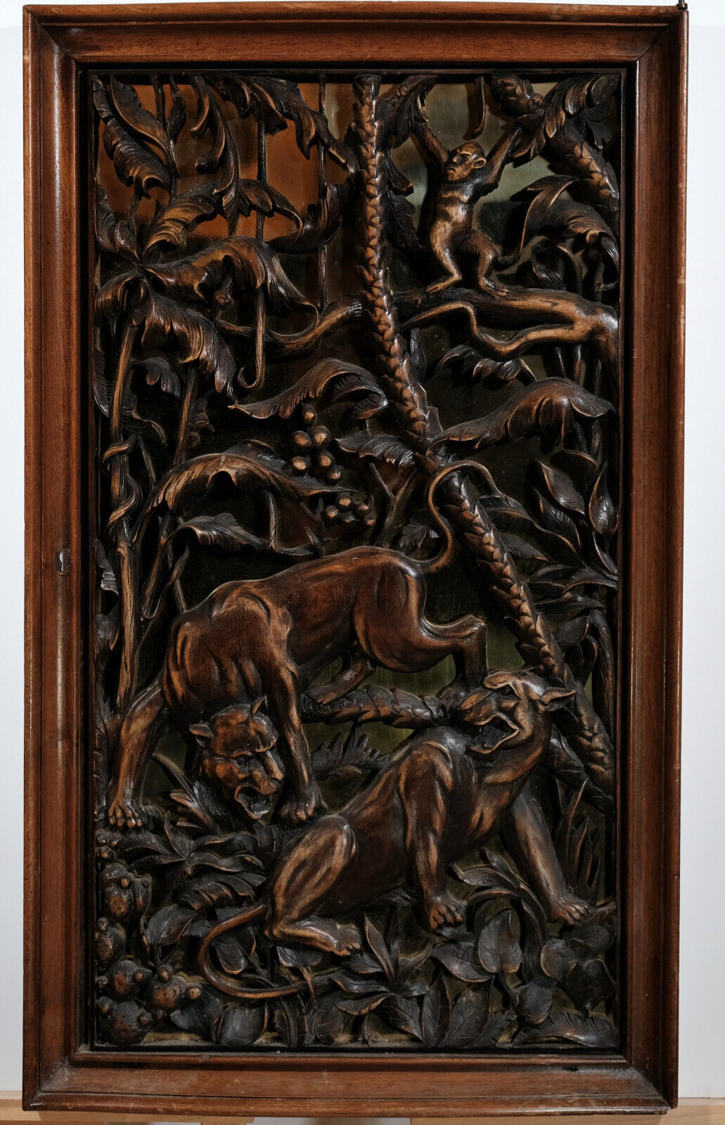 Asian Jungle Scene Intricately Hand Carved Cabinet Door Golden Mirrored & Framed