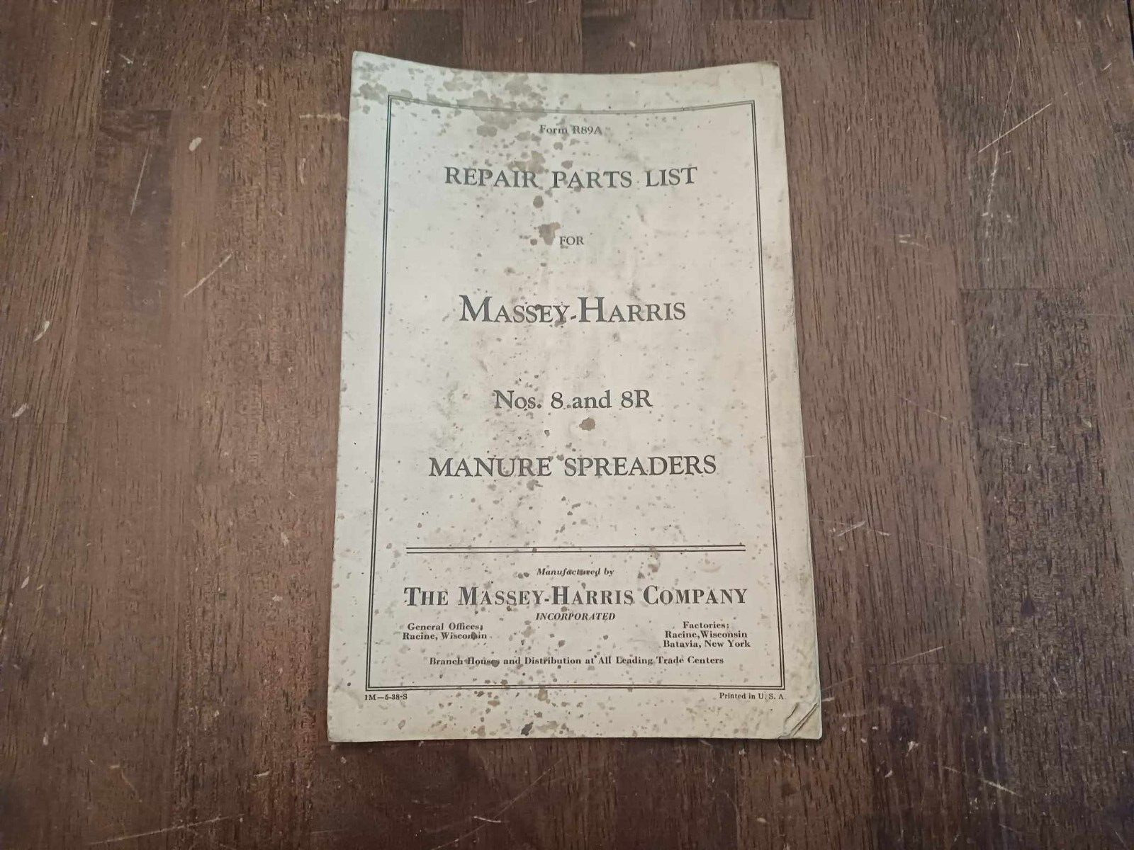 Vintage 1938 Massey Harris Manure Spreader No 8 & 8R Repair Parts List Catalog