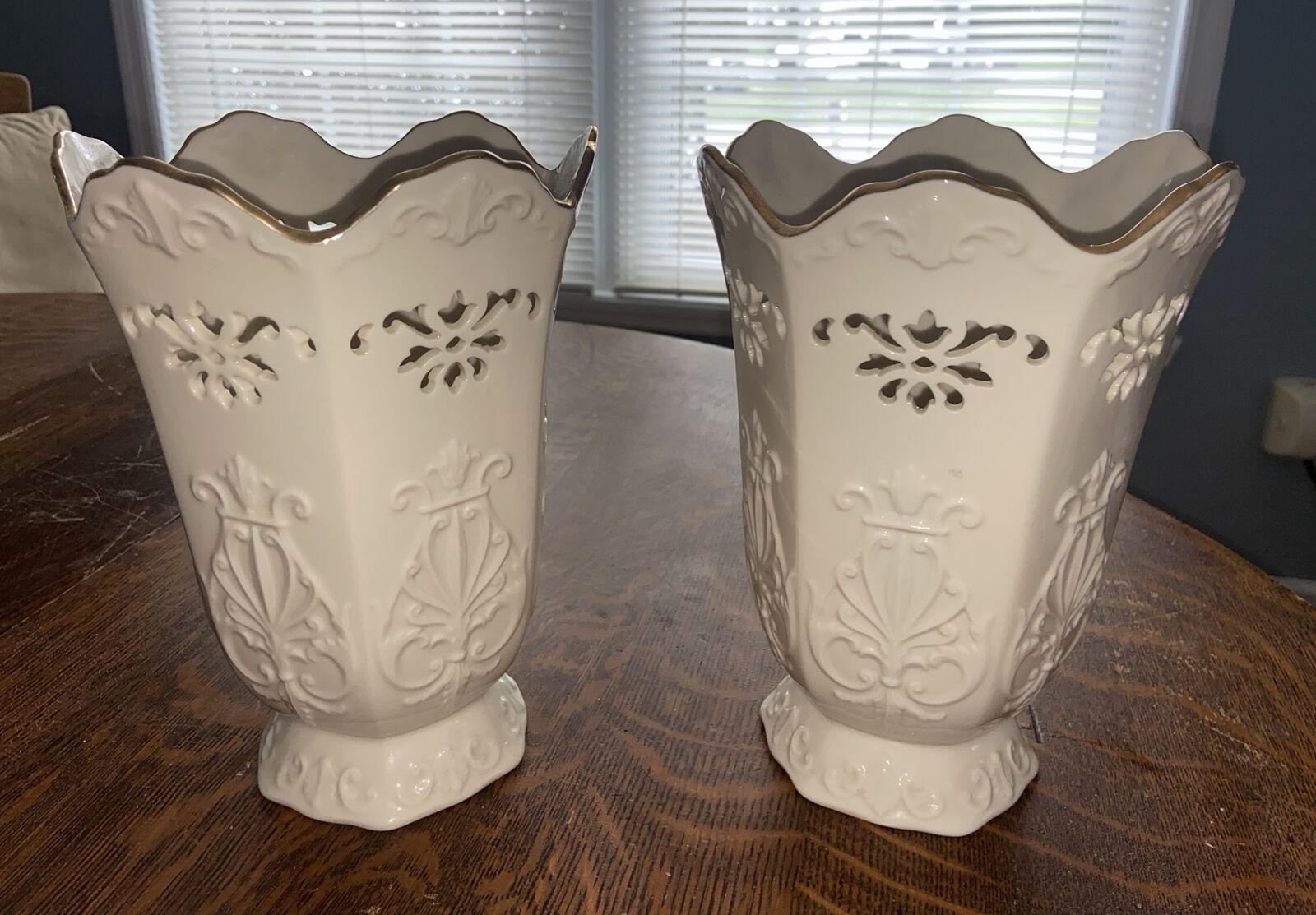 Lenox Vase Pierced Embossed Harps Cream Langtry Gold Trim 8 3/4”x 6” Lot Of 2