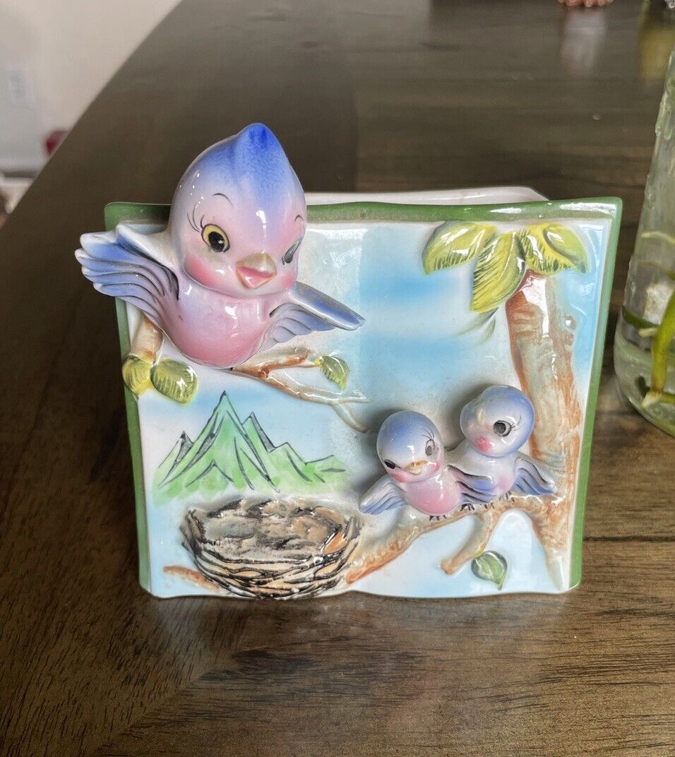 Vintage Norcrest Ceramic Blue Bird Mama And Babies Planter Japan Anthropomorphic
