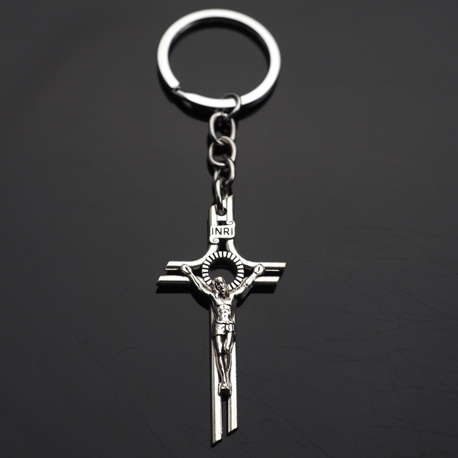 Jesus on the Cross INRI Design Silver Color Keychain Charm Pendant Key Ring Gift