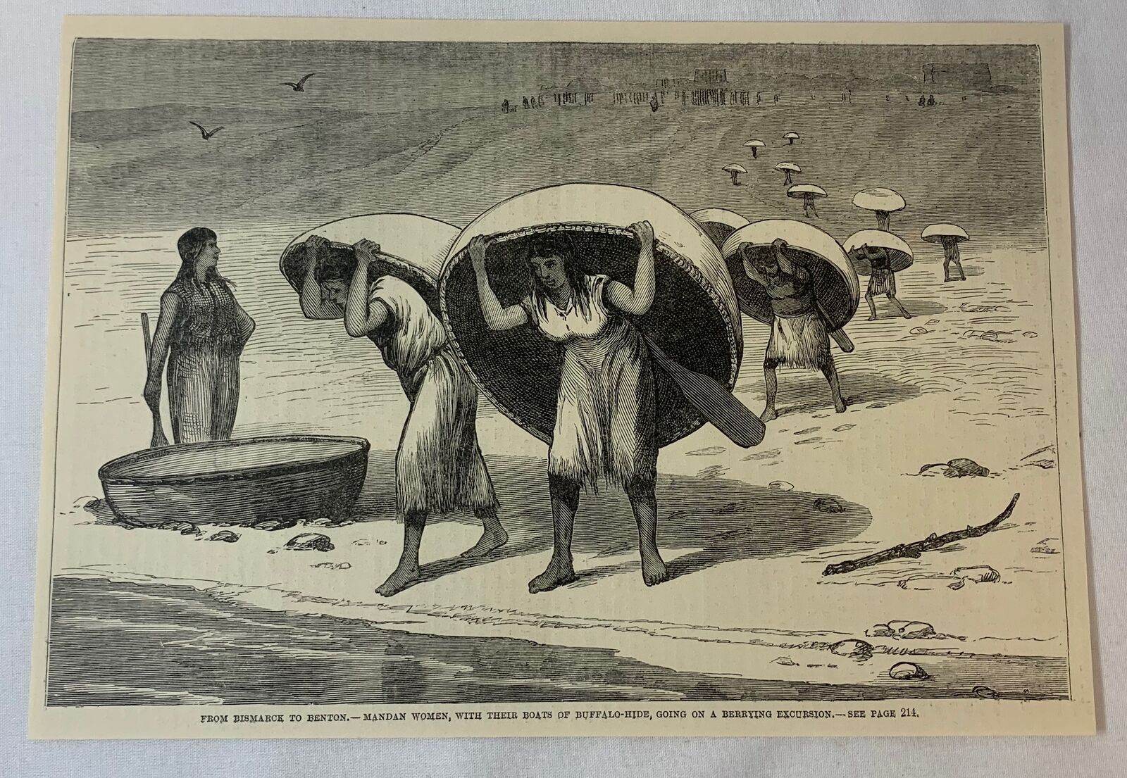 1885 magazine engraving ~ MANDAN WOMAN AND BUFFALO-HIDE BOATS