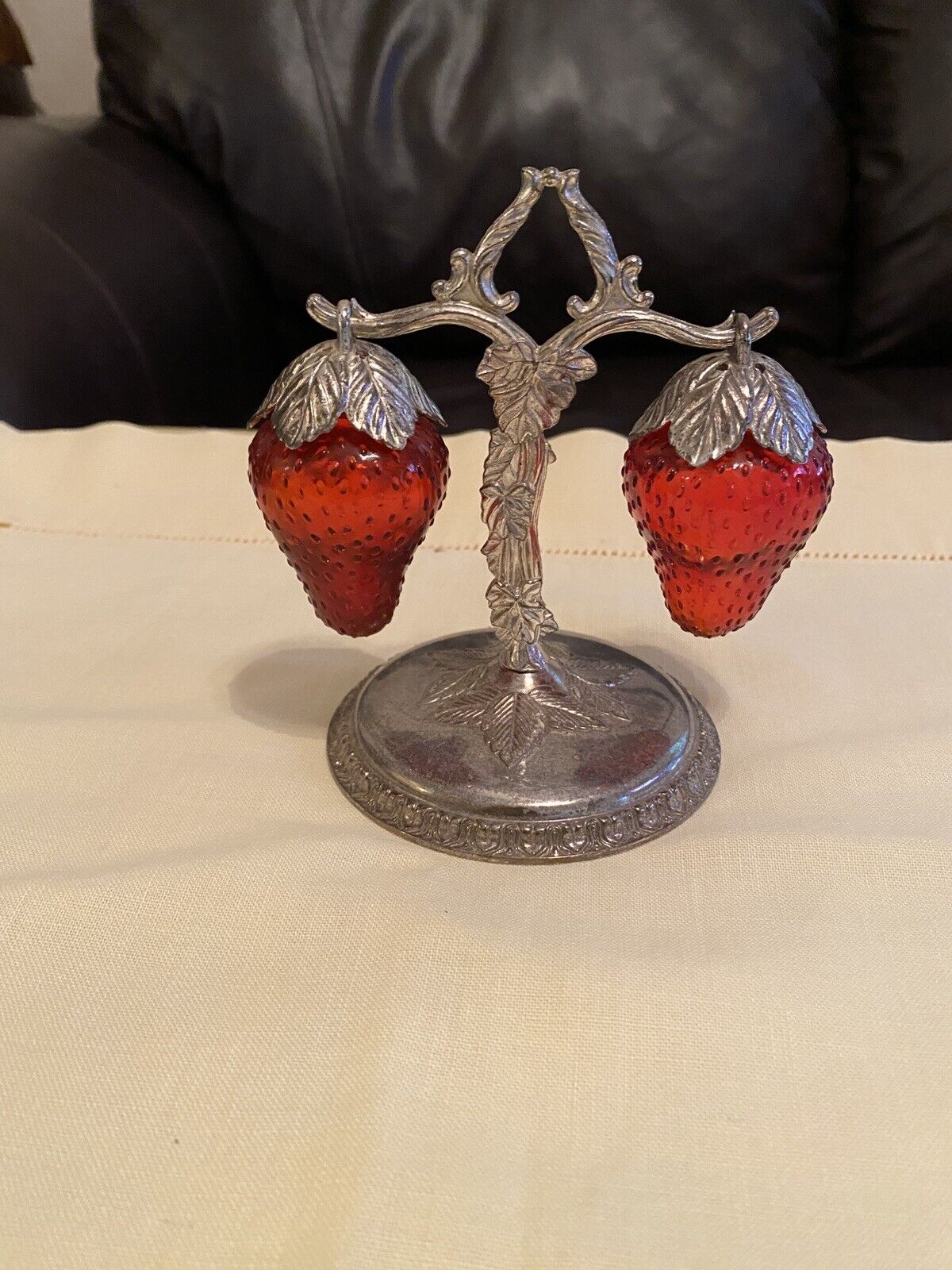 Vintage Ruby Red Glass Hanging Strawberry Salt & Pepper Shakers With Stand