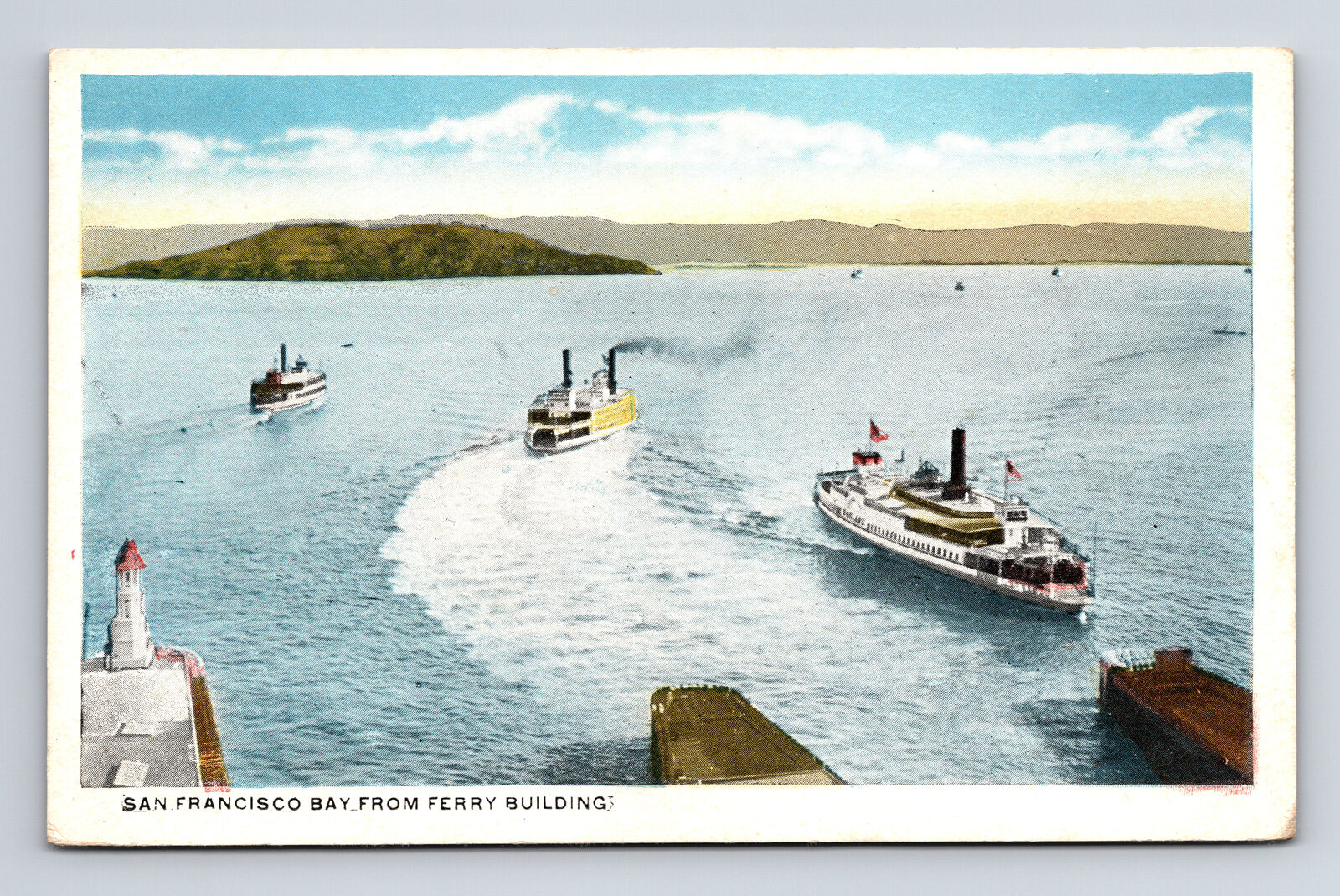 Steamships in San Francisco Bay Alcatraz Island From Ferry Building A Postcard