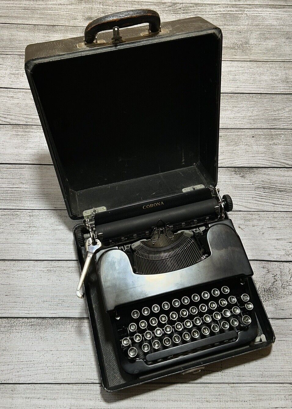 1936 Corona Standard Working Glossy Black Flat top Typewriter Vintage Antique