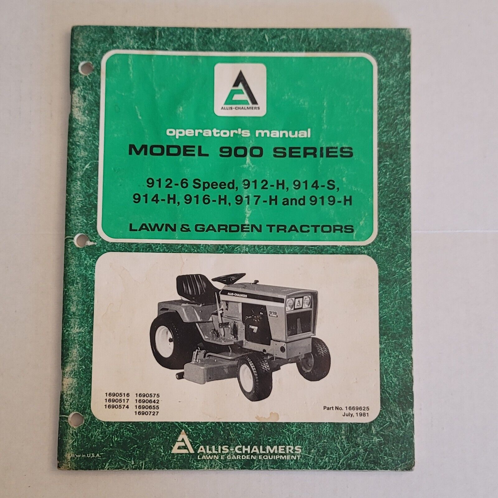 1981 Allis Chalmers Model 900 Series Tractor Mower Operators Manual 1669625