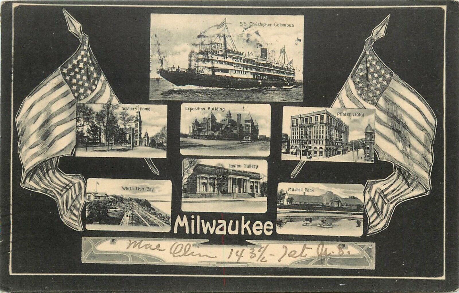 Undiv. Back Multiview Postcard Greetings from Milwaukee WI Scenes & US Flags