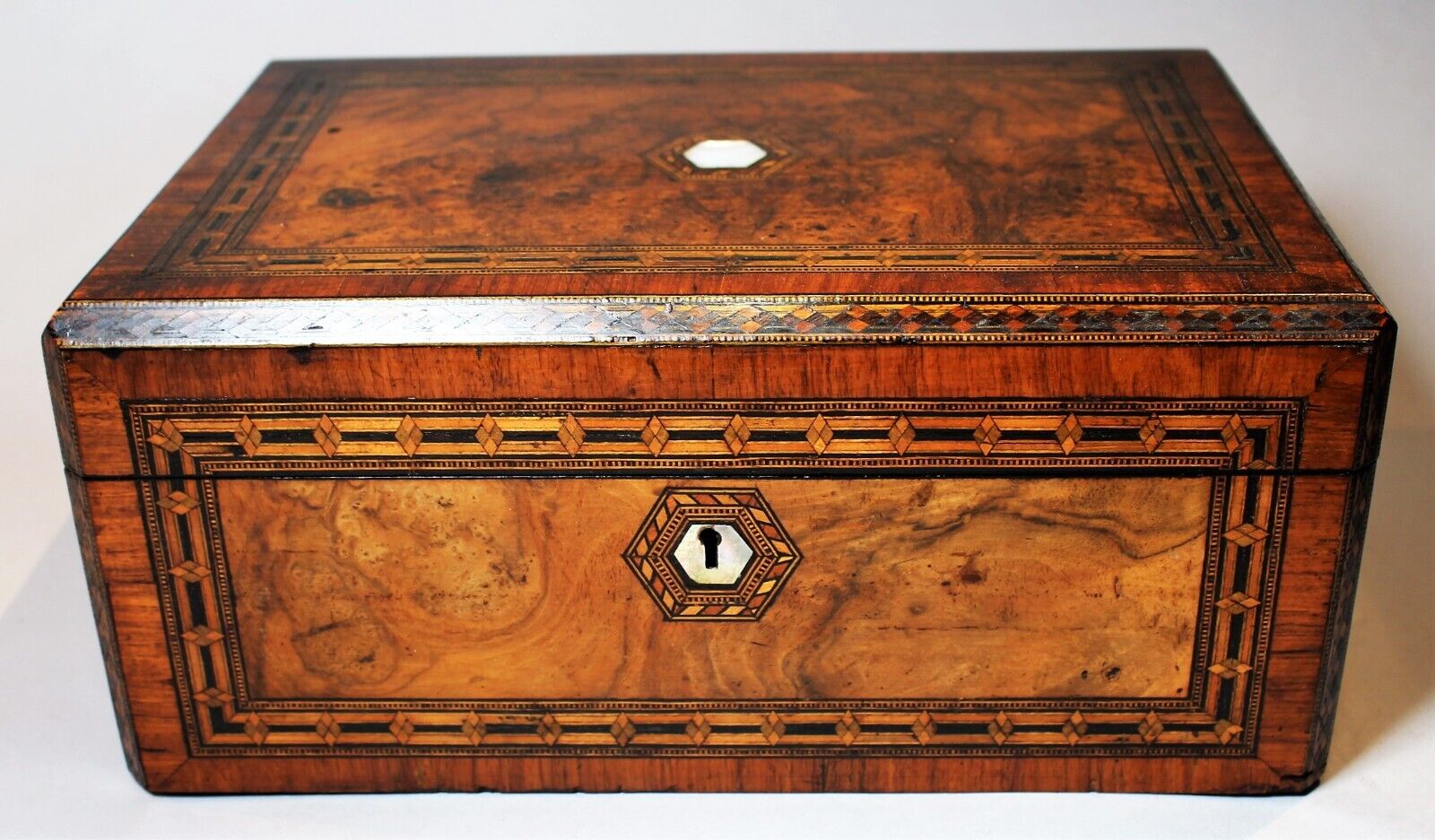 English Mid 19th c. Tunbridge & M O P  Inlaid Burl Walnut Writing Box c. 1850