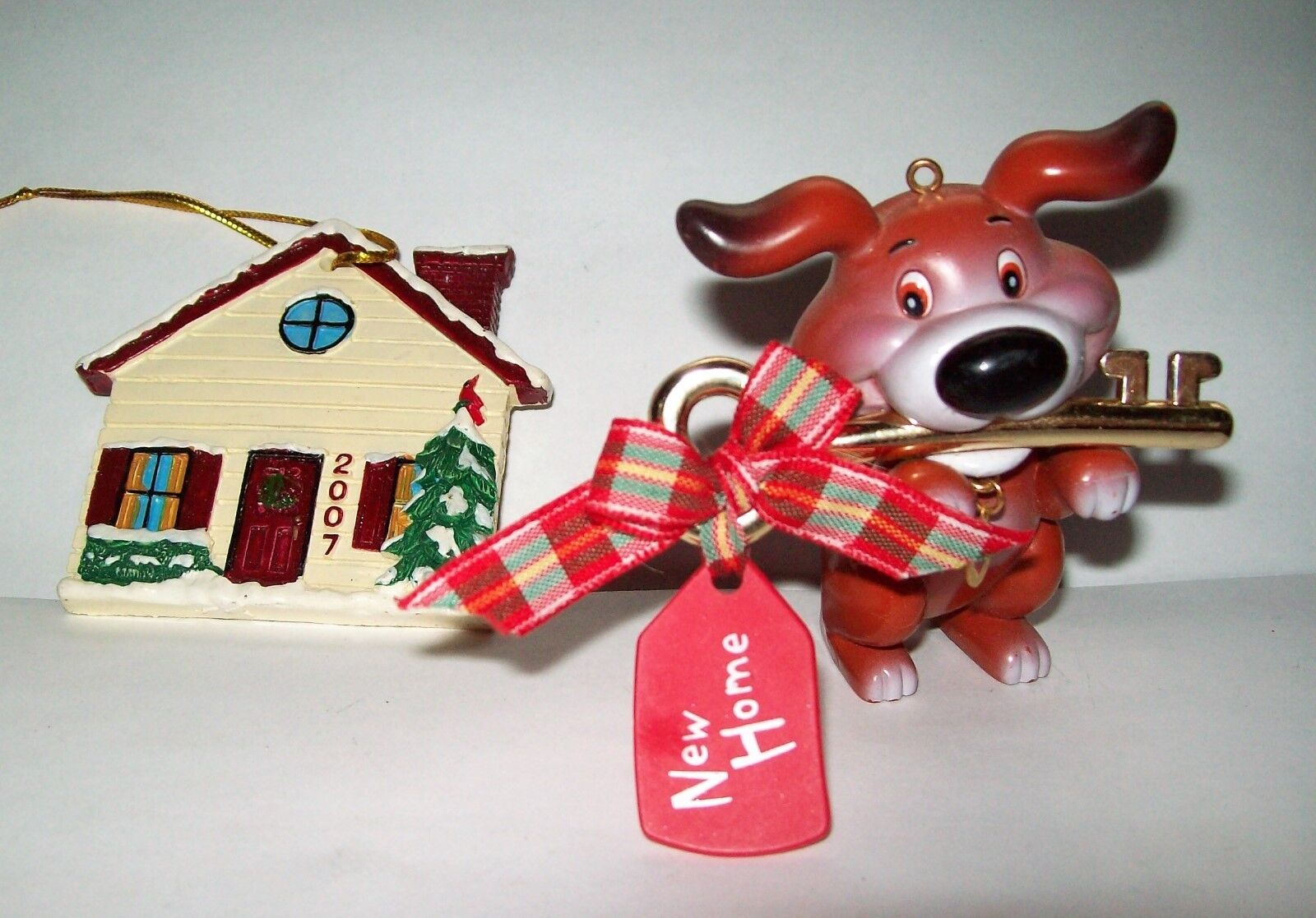 Lot of 2 Christmas Ornaments New Home Puppy Dog w/ Key + 2007 2-story House Snow