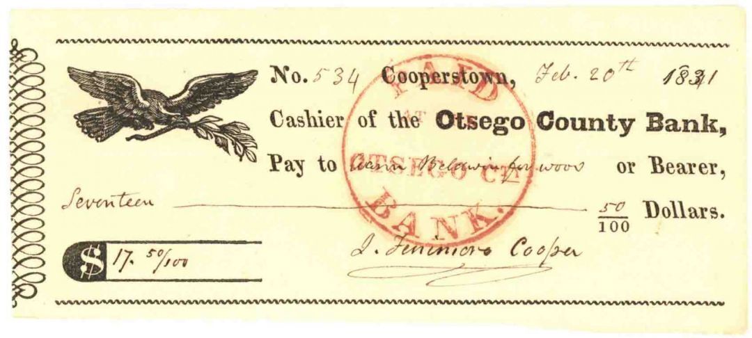 James Fenimore Cooper Signed 1840's Check - Otsego County Bank Check - Autograph