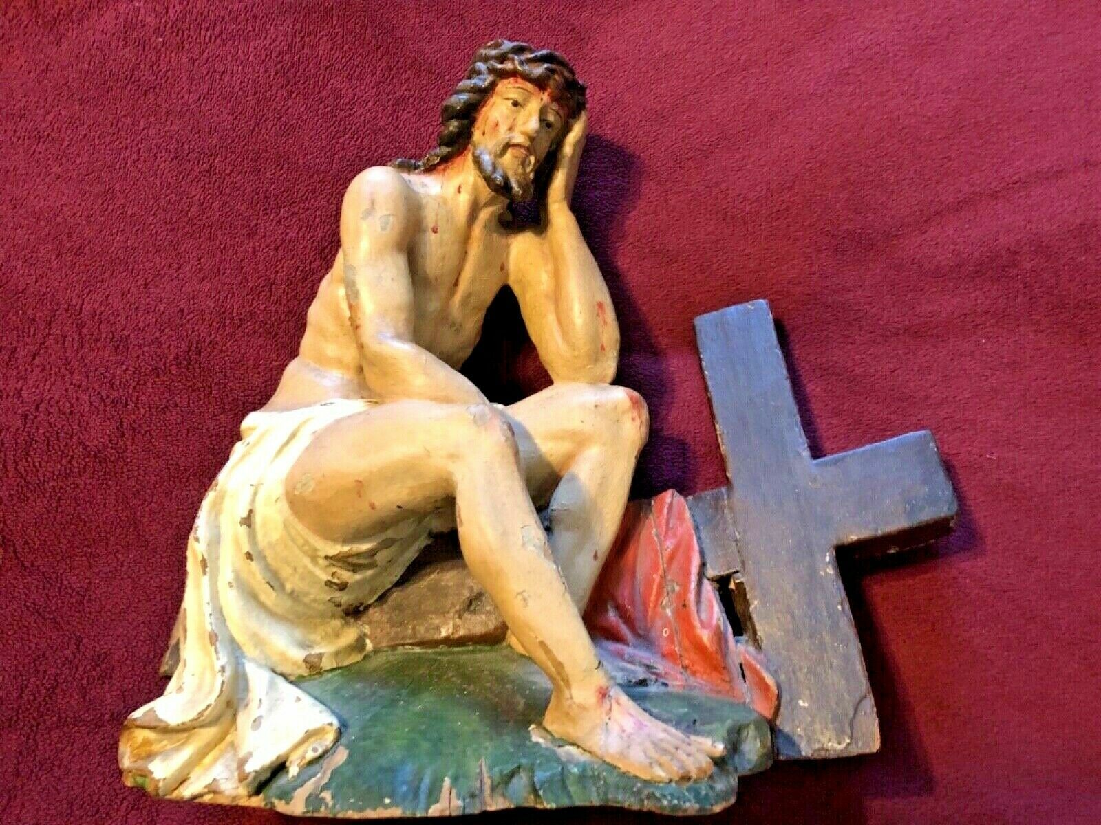 Antique 18th Century Original Polychrome Wood Jesus At Rest 