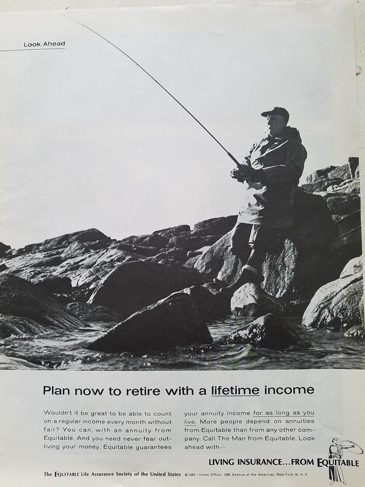 1963 Equitable life living insurance retired fisherman fishing pole ad