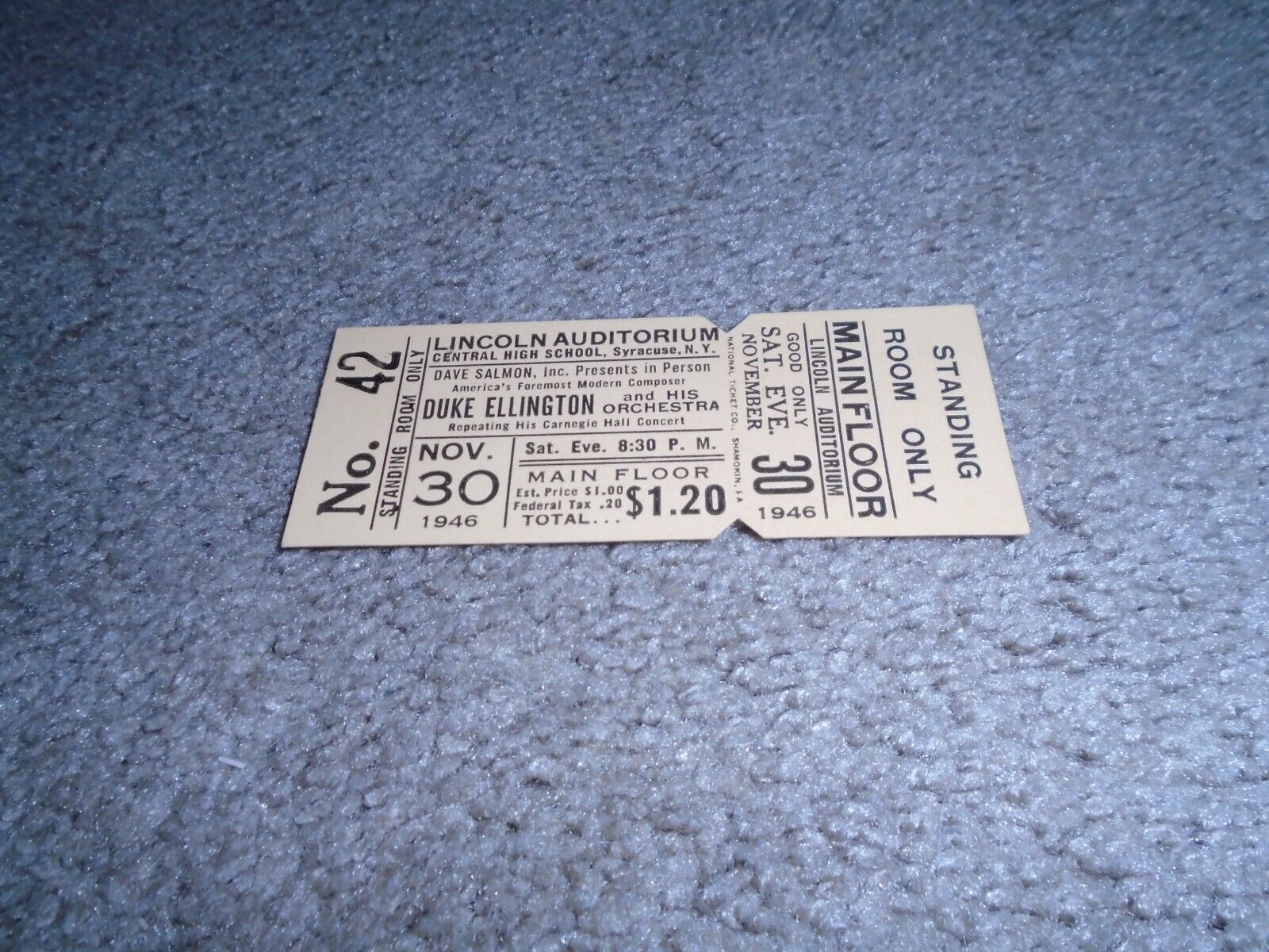 1946 Ticket Duke Ellington Lincoln Auditorium Syracuse NY