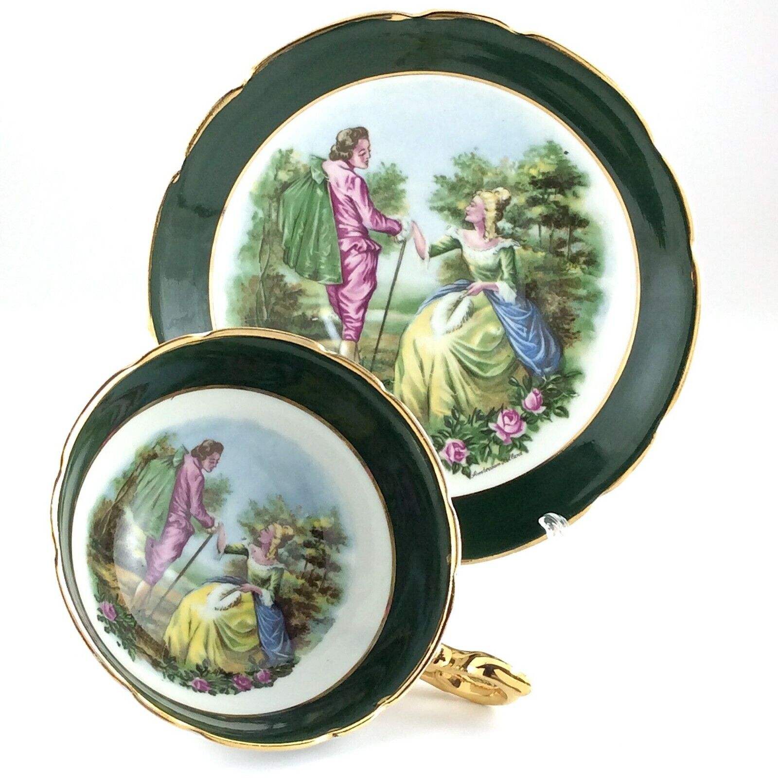 Regency Couple Romantic Love Scene Tea Green Cup Saucer Bone China England L028