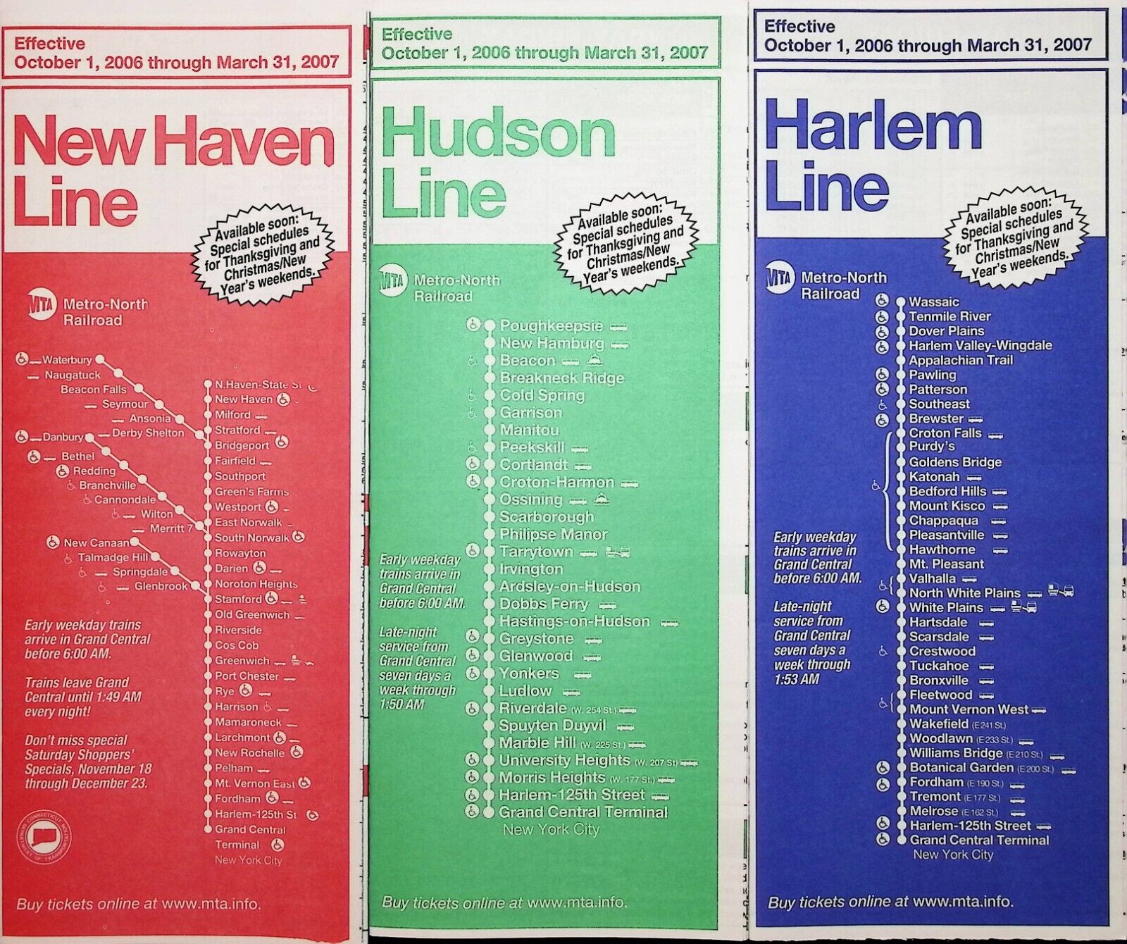 METRO-NORTH RAILROAD Timetable Set 10/1/2006 - Harlem, Hudson, New Haven Lines