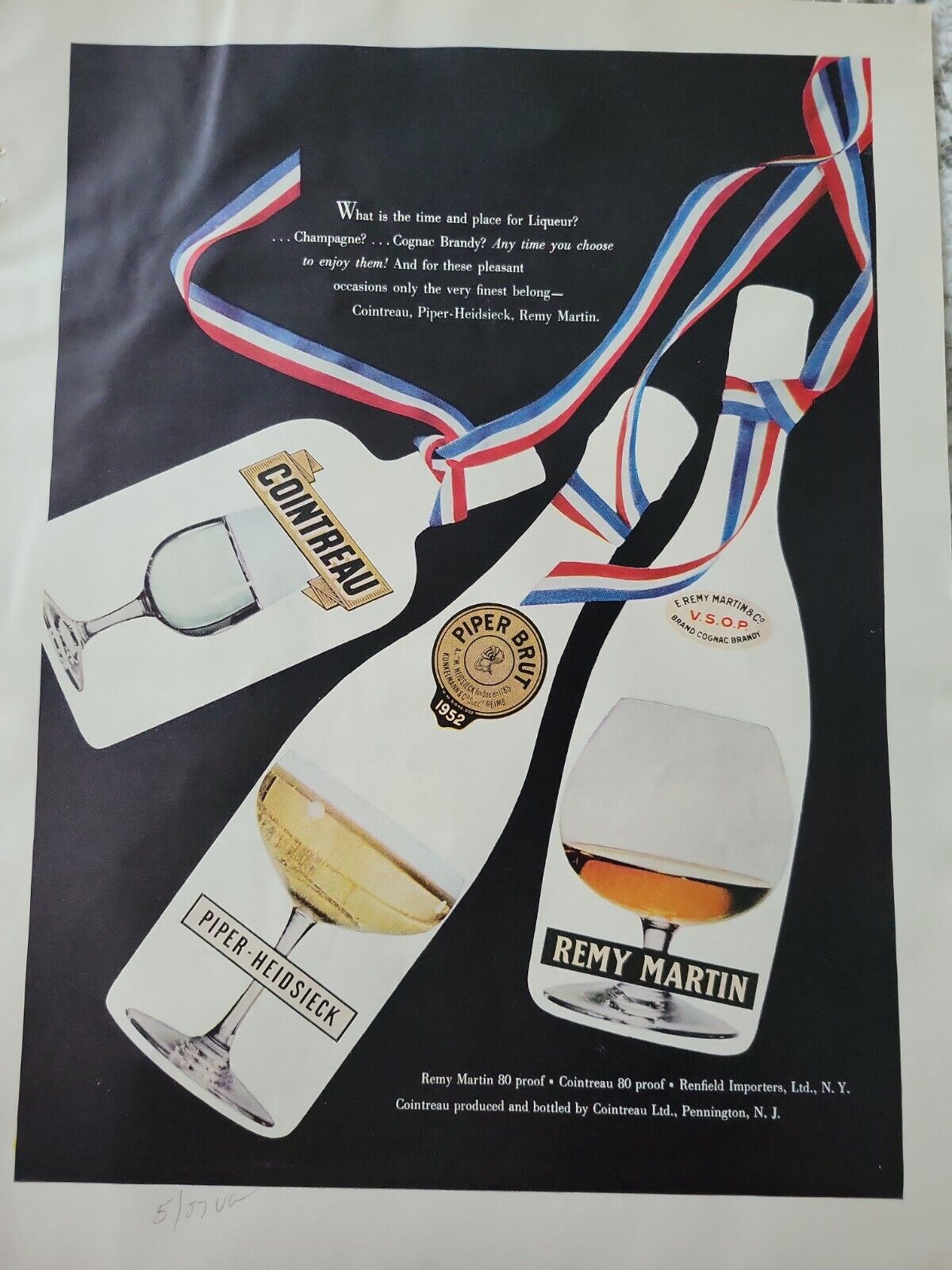 1957 Remy Martin Cointreau Liqueur Piper Heidsieck champagne bottles ad