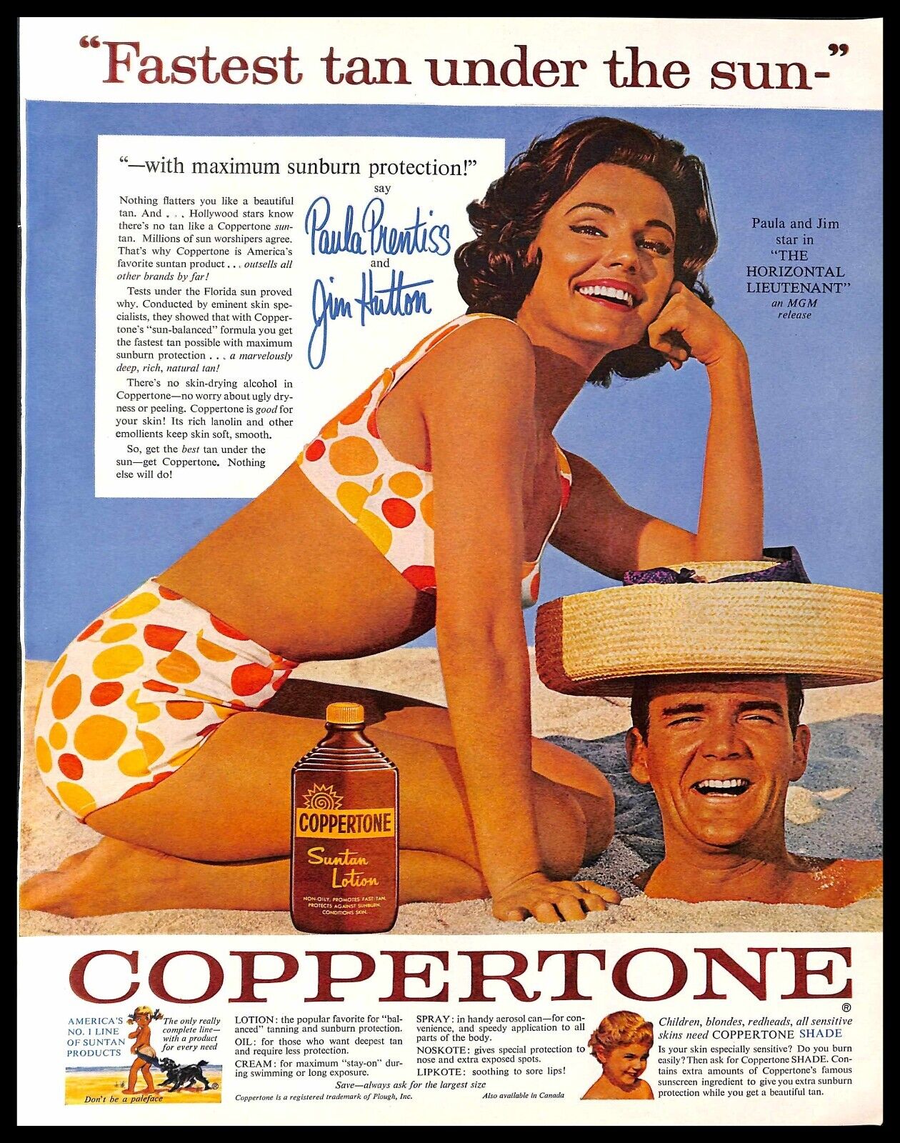 1962 Coppertone Sunscreen Lotion Vintage PRINT AD Paula Prentiss Jim Hutton