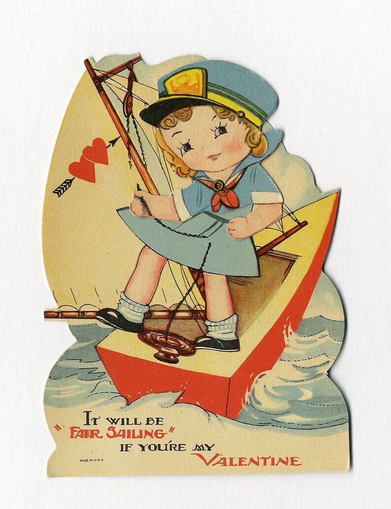 Sailboat VALENTINE Card Little Girl Mechanical Moveable Sailing c 1920\'s