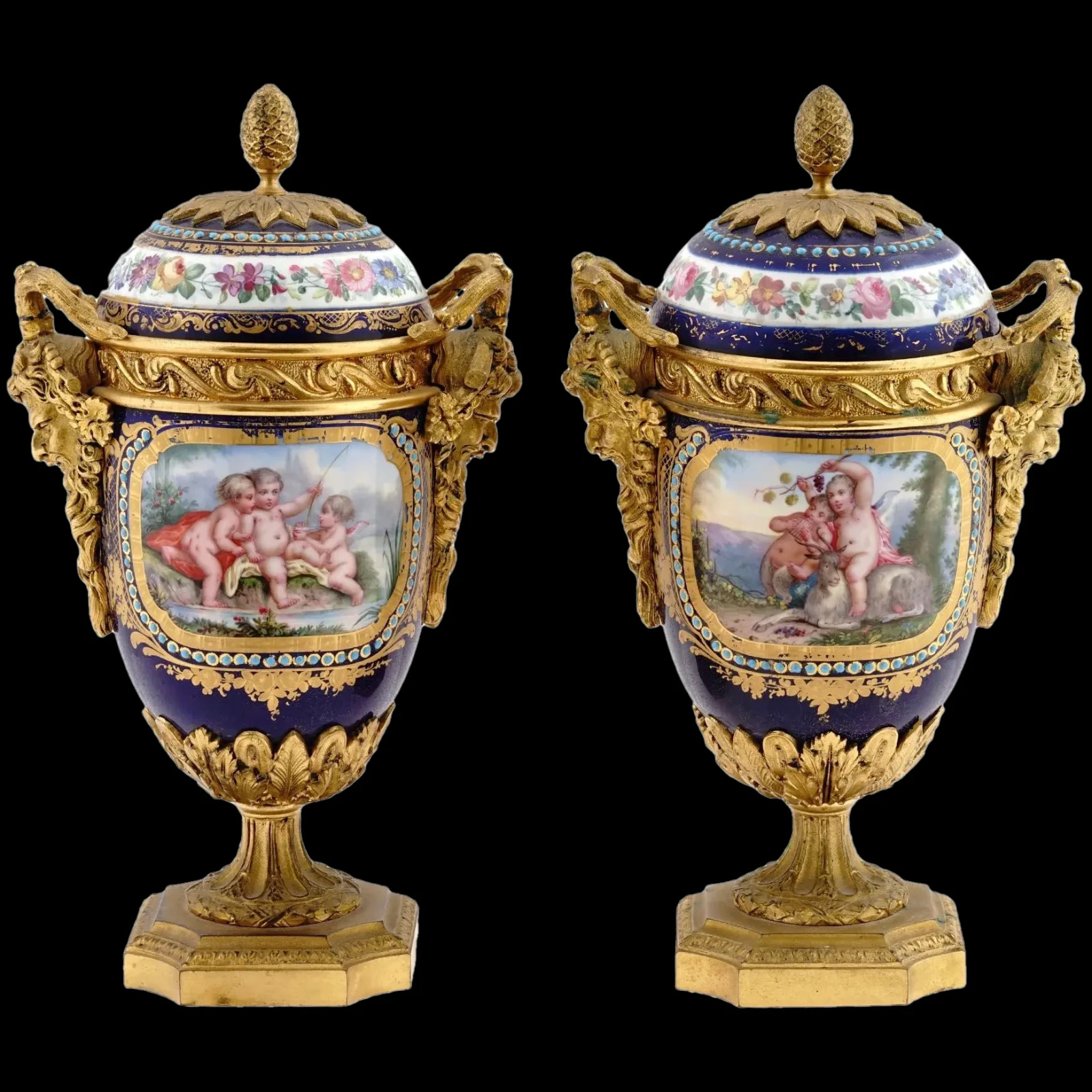 Opulent Antique French Sevres Porcelain Ormolu Bronze Urns