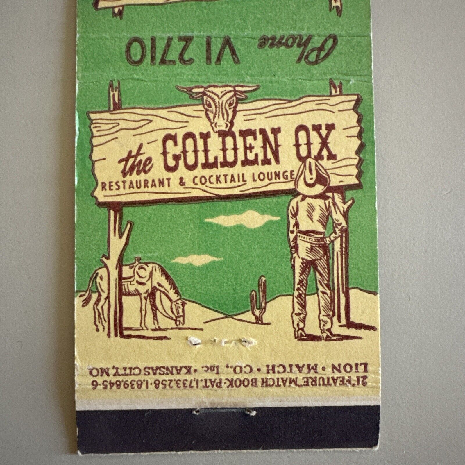 Vintage 1950s Golden Ox Kansas City Matchbook Cover Western Cowboy Midcentury