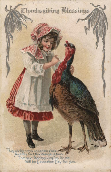 Thanksgiving Blessings-Girl Speaking to a Turkey Antique Postcard Vintage