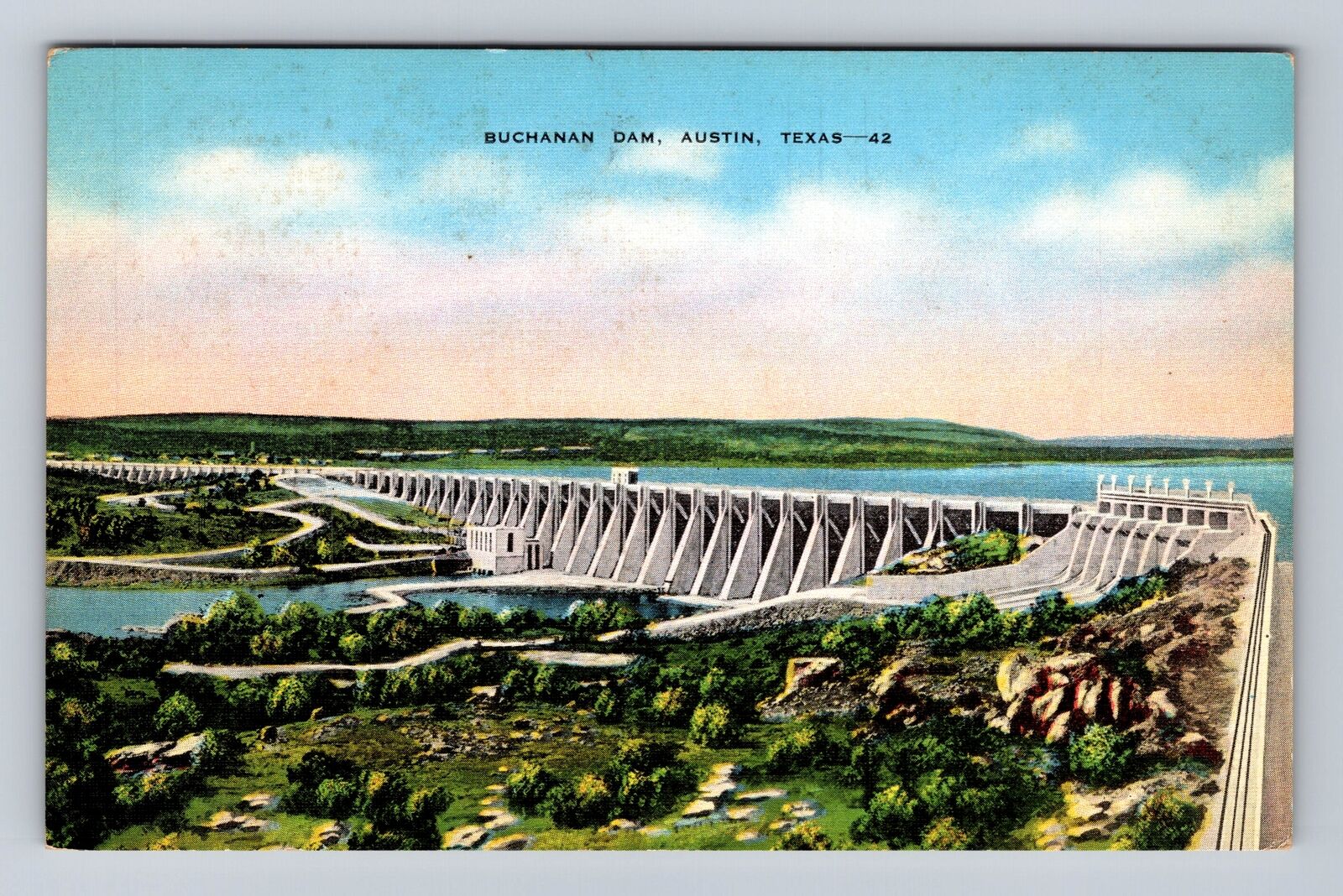 Austin TX-Texas, Buchanan Dam, Aerial, Antique, Vintage Souvenir Postcard